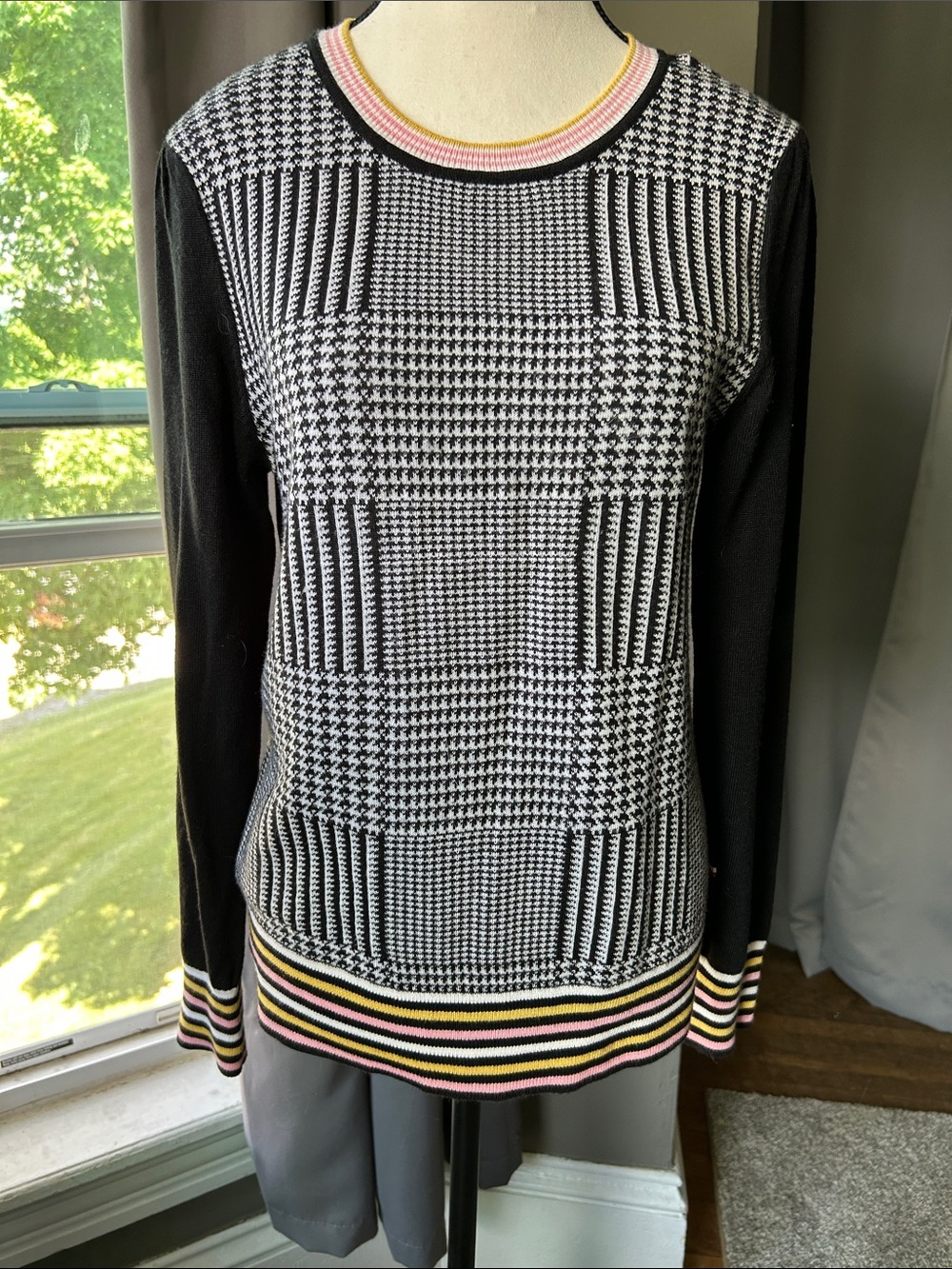 Black & White Houndstooth Pullover with Pink and Yellow Trim